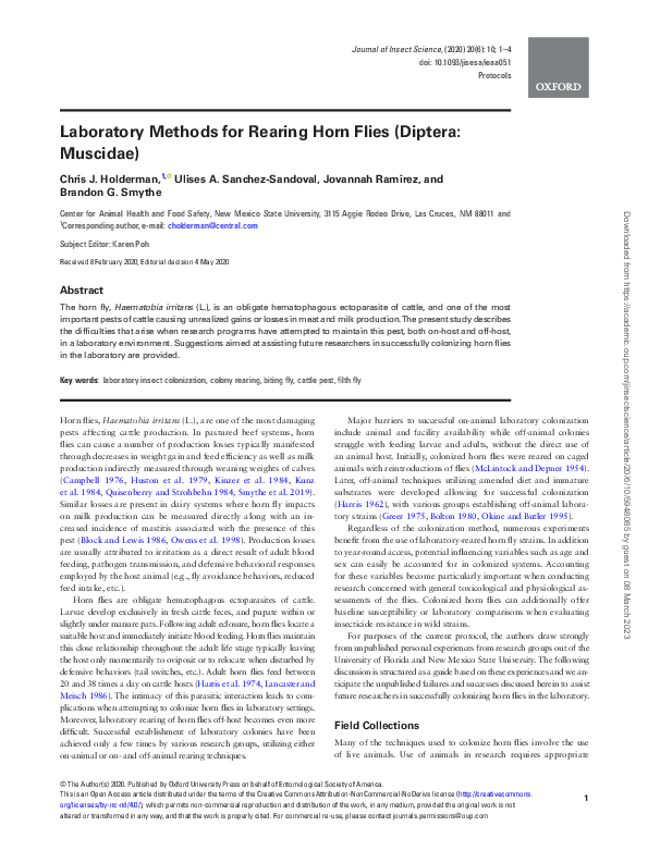 (PDF) Laboratory Methods for Rearing Horn Flies (Diptera: Muscidae)
