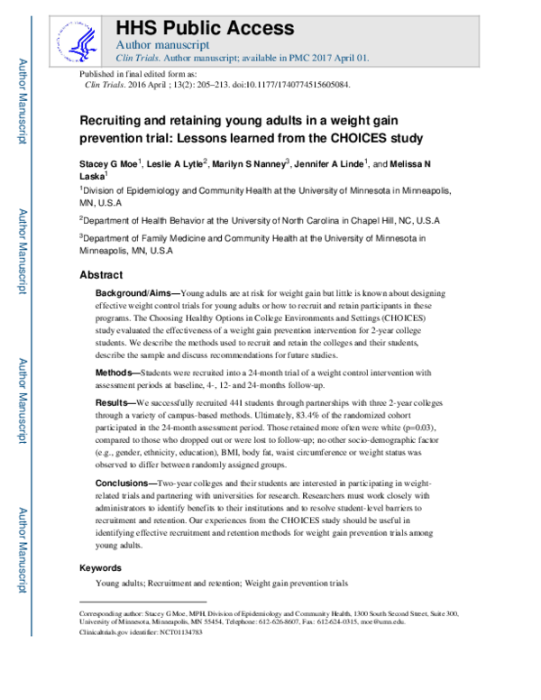 (PDF) Recruiting and retaining young adults in a weight gain prevention