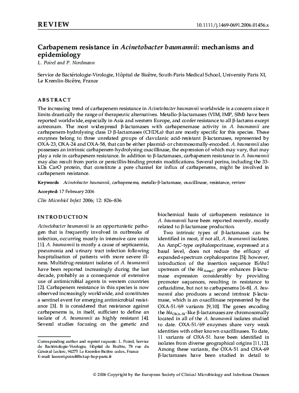 (PDF) Carbapenem resistance in Acinetobacter baumannii: mechanisms and ...