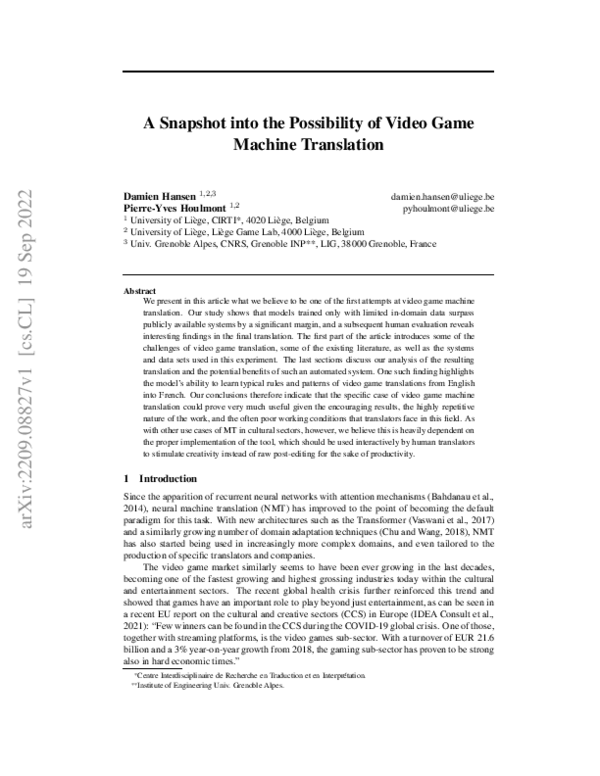 (PDF) A Snapshot into the Possibility of Video Game Machine Translation