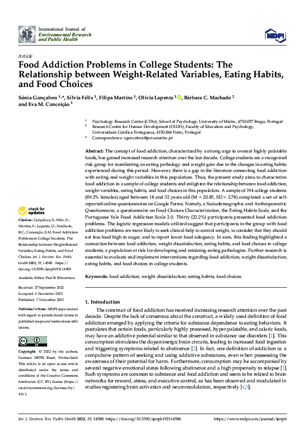 (PDF) Food Addiction Problems in College Students: The Relationship ...