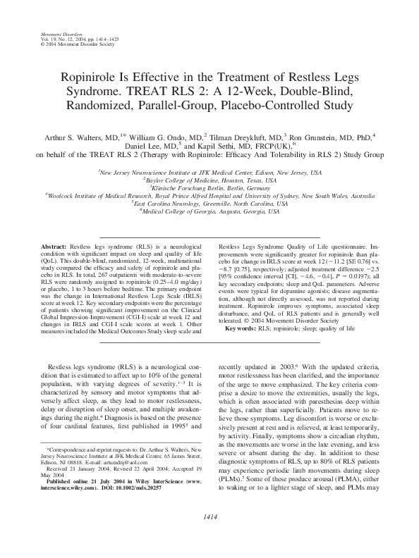 (PDF) Ropinirole is effective in the treatment of restless legs