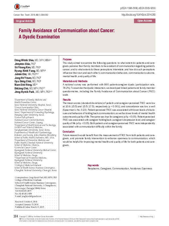 (PDF) Family Avoidance of Communication about Cancer: A Dyadic Examination