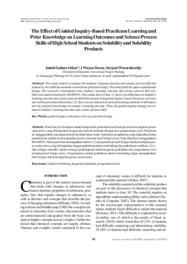 (PDF) The Effect of Guided Inquiry-Based Practicum Learning and Prior ...