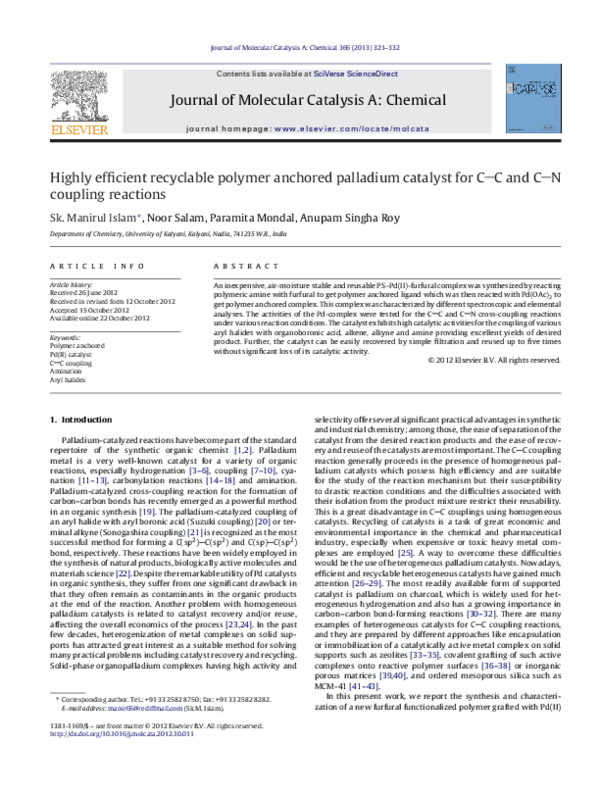 (PDF) Highly efficient recyclable polymer anchored palladium catalyst ...