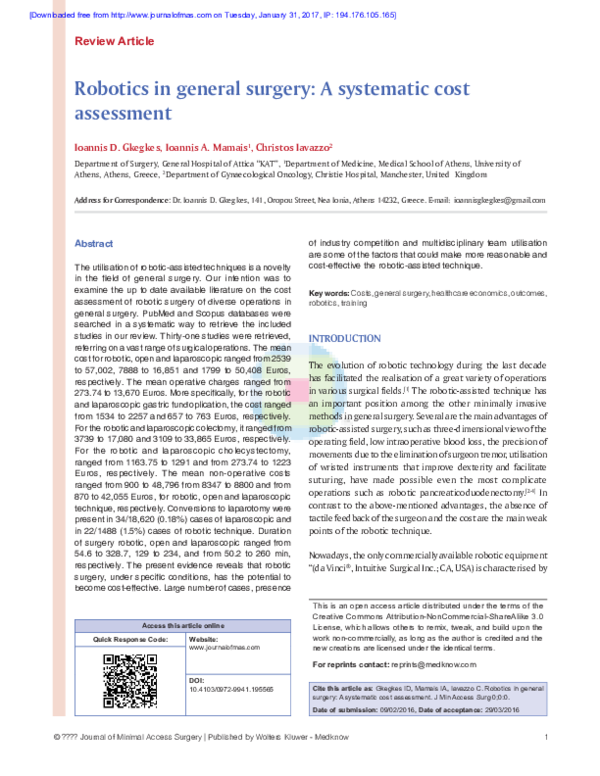 (PDF) Robotics in general surgery A systematic cost assessment