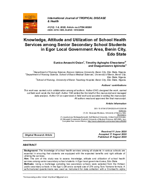 (PDF) Knowledge, Attitude and Utilization of School Health Services ...