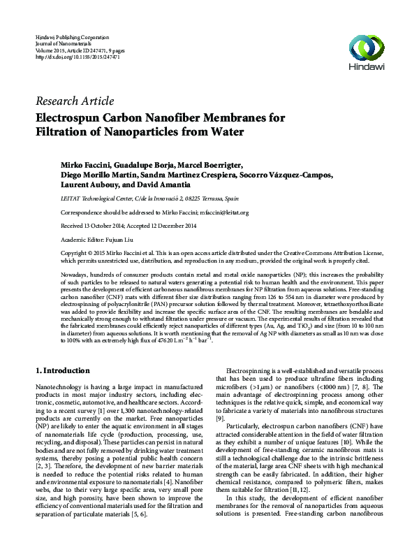 (PDF) Electrospun Carbon Nanofiber Membranes for Filtration of ...