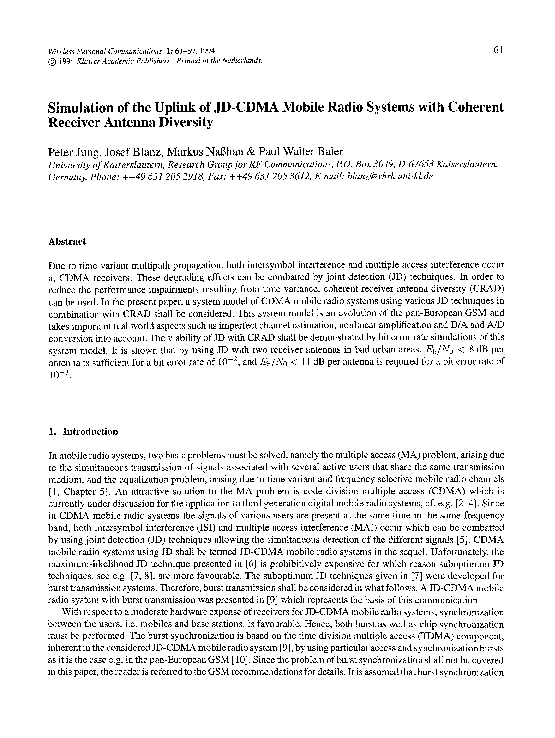 (PDF) Simulation of the uplink of JD-CDMA mobile radio systems with ...
