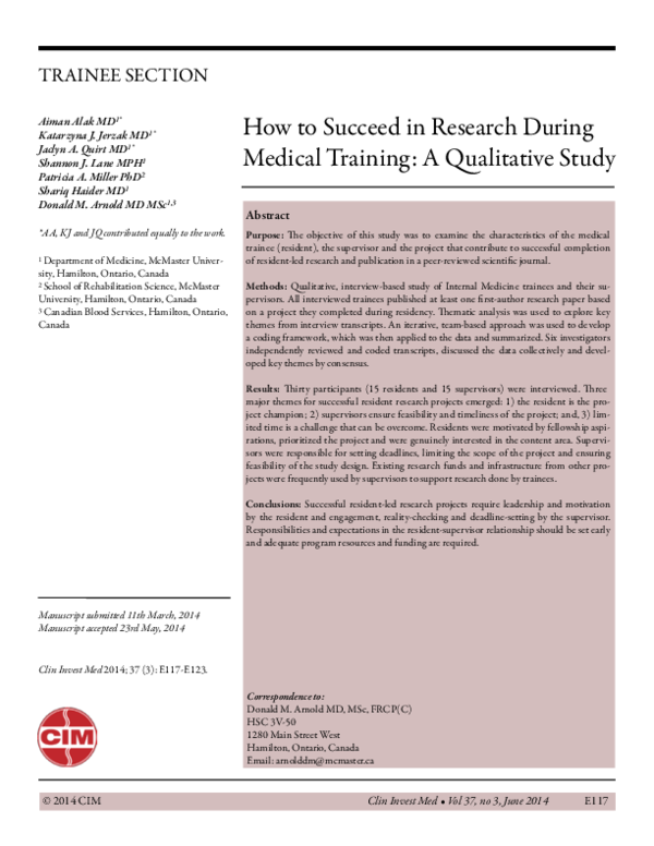 (PDF) How to Succeed in Research During Medical Training: A Qualitative ...