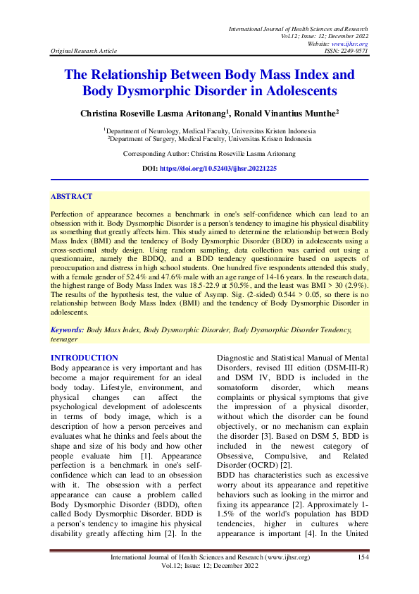 (PDF) The Relationship Between Body Mass Index and Body Dysmorphic ...