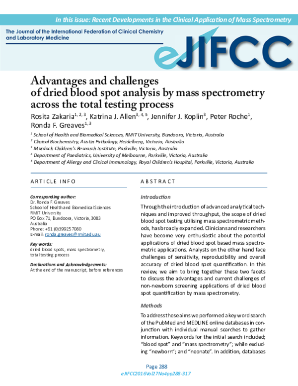 (PDF) Advantages and Challenges of Dried Blood Spot Analysis by Mass ...