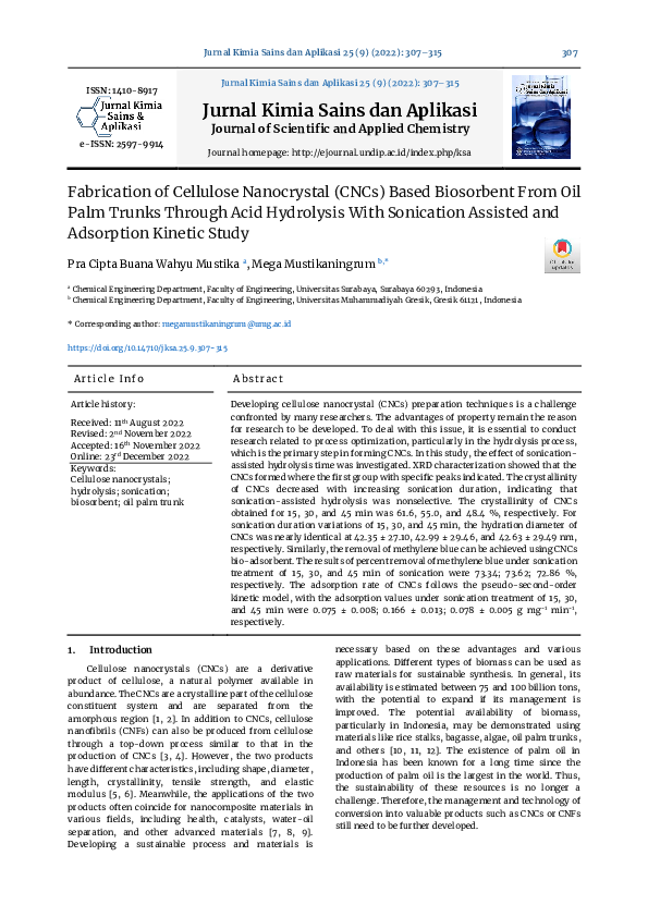 (PDF) Fabrication of Cellulose Nanocrystal (CNCs) Based Biosorbent From ...