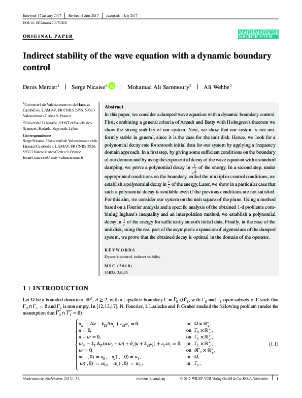 (PDF) Indirect stability of the wave equation with a dynamic boundary ...
