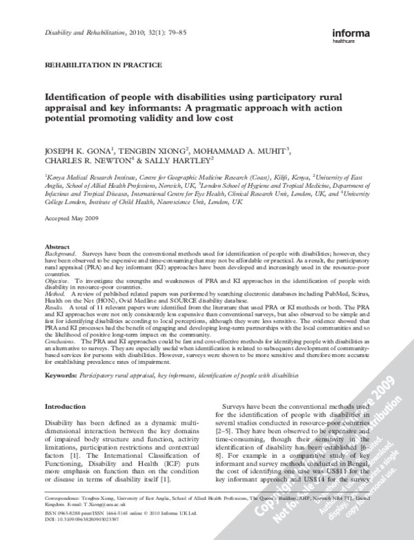 Identification of people with disabilities using participatory rural appraisal and key informants: A pragmatic approach with action potential promoting validity and low cost