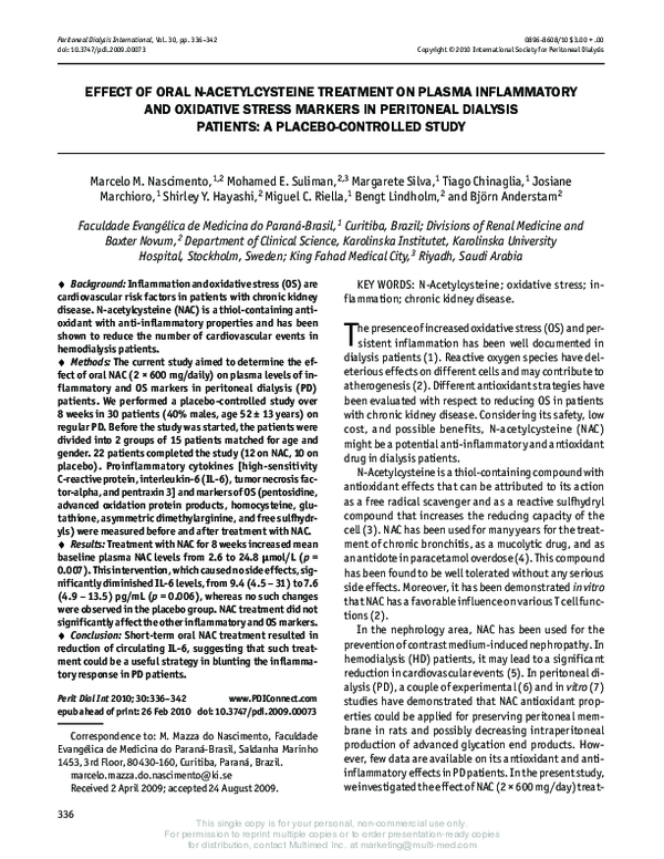 (PDF) Effect of Oral N-Acetylcysteine Treatment on Plasma Inflammatory ...