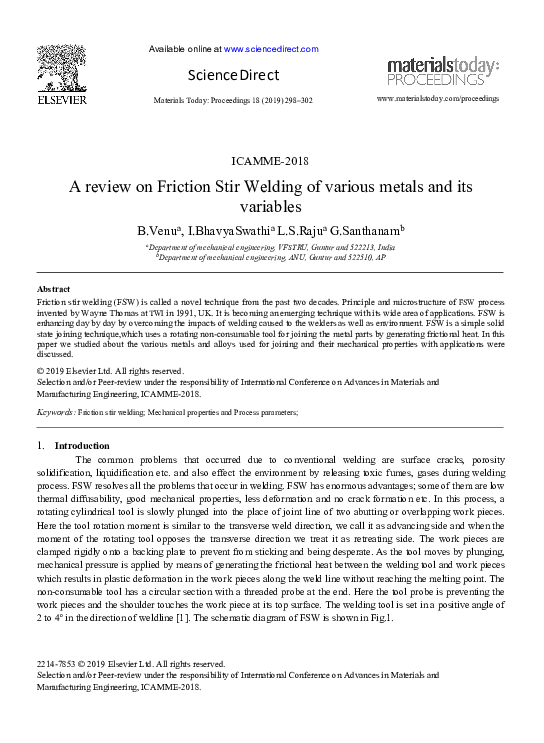 (PDF) A review on Friction Stir Welding of various metals and its variables