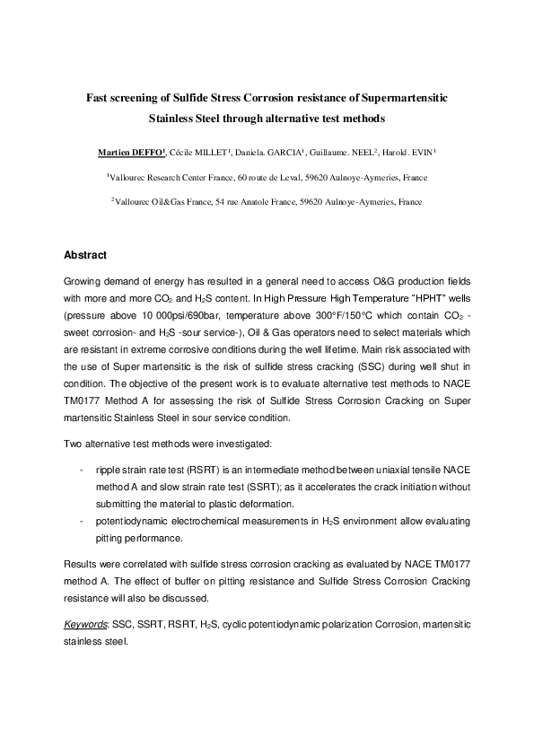 (PDF) Fast Screening of Sulfide Stress Corrosion Resistance of ...