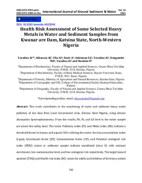 (PDF) Health Risk Assessment of Some Selected Heavy Metals in Water and ...