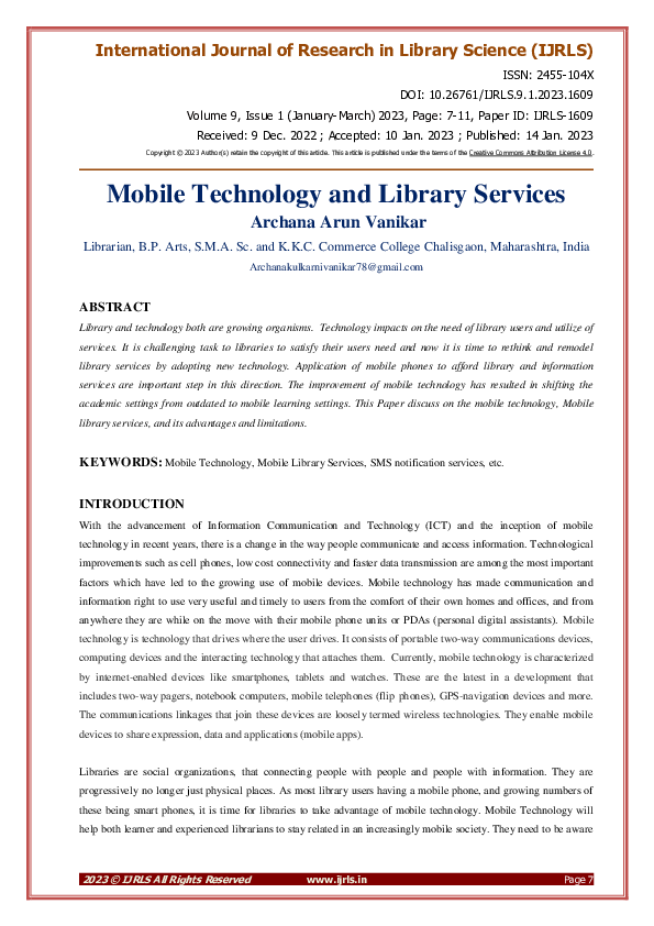 (PDF) Mobile Technology and Library Services