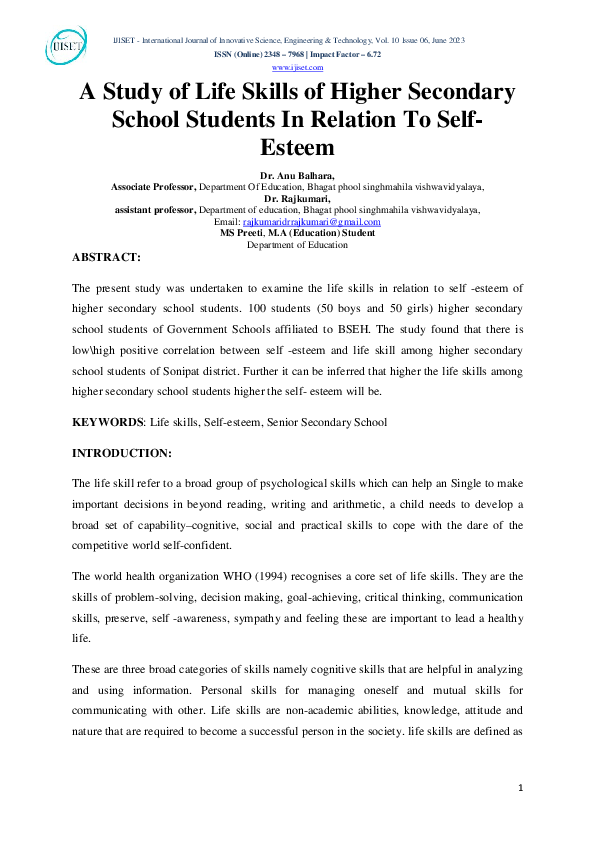 (PDF) A Study of Life Skills of Higher Secondary School Students In ...