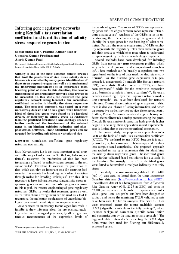 (PDF) Inferring Gene Regulatory Networks Using Kendall's Tau ...
