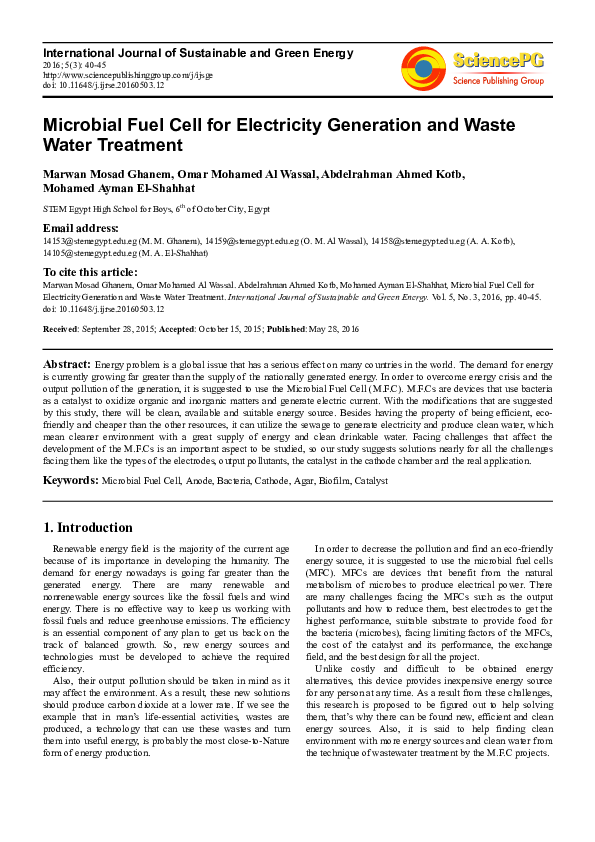 (PDF) Microbial Fuel Cell for Electricity Generation and Waste Water ...
