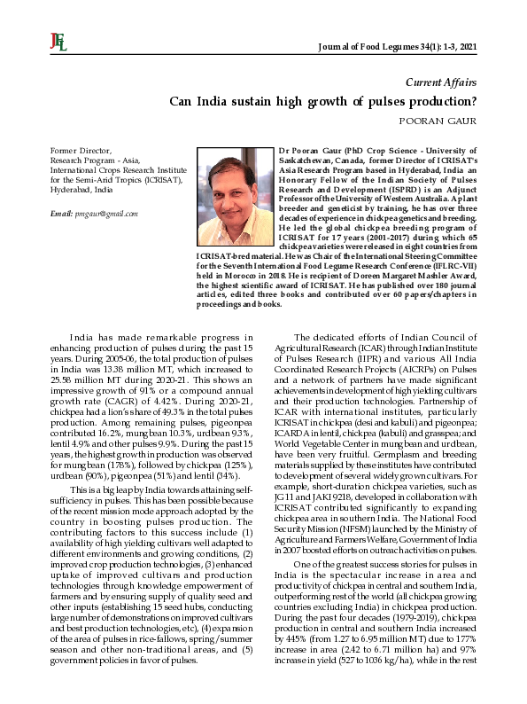 (PDF) Can India sustain high growth of pulses production