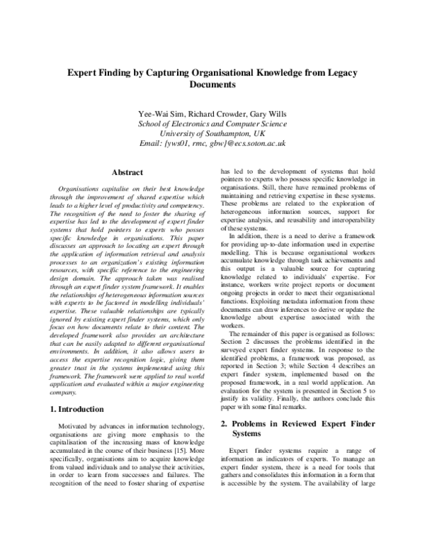 (PDF) Expert Finding by Capturing Organisational Knowledge from Legacy ...