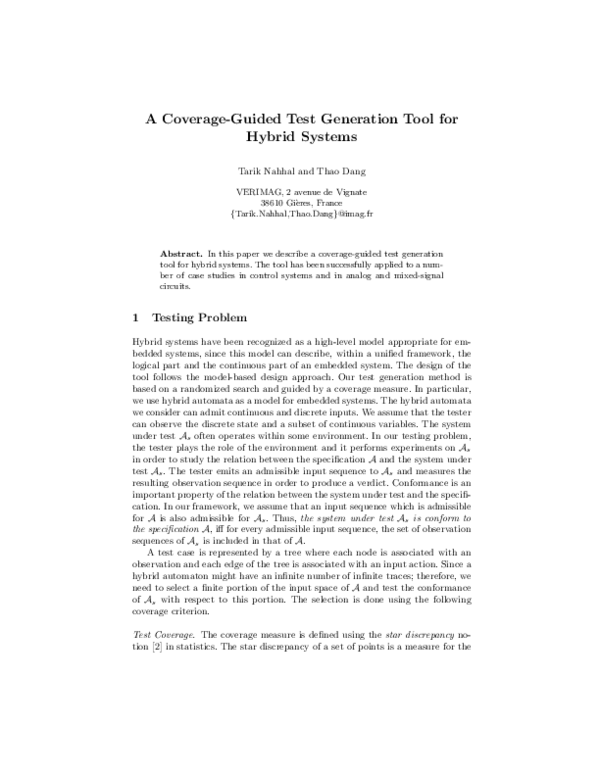 (PDF) Coverage-Guided Test Generation Tool for Hybrid Systems