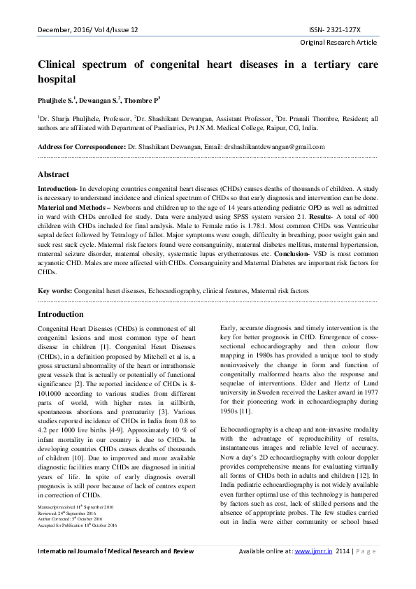 (PDF) Clinical spectrum of congenital heart diseases in a tertiary care ...