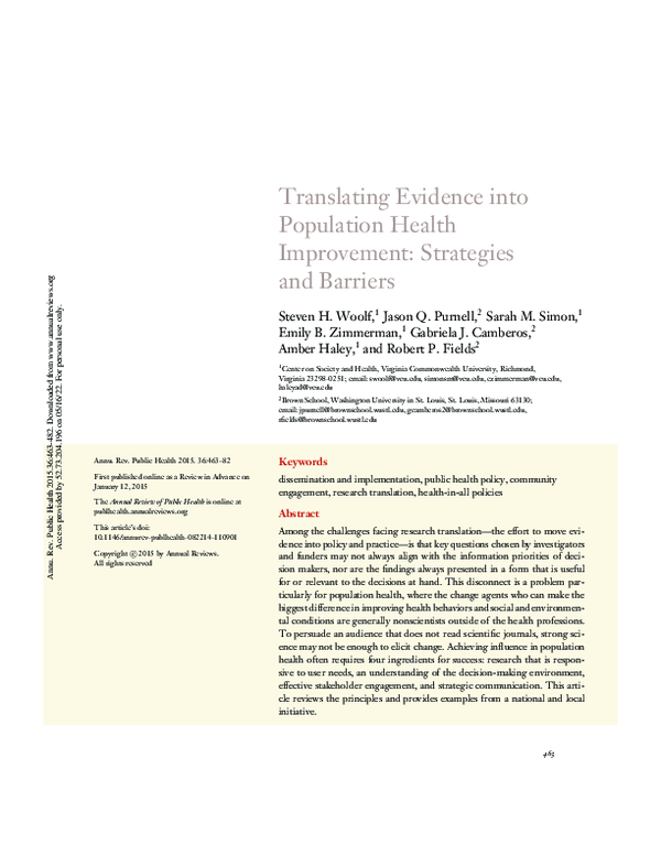 (PDF) Translating Evidence into Population Health Improvement ...