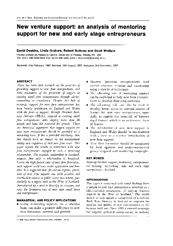(PDF) New venture support: an analysis of mentoring support for new and ...