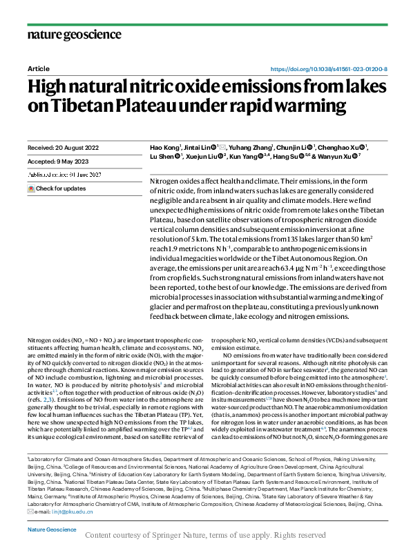 (PDF) High natural nitric oxide emissions from lakes on Tibetan Plateau ...