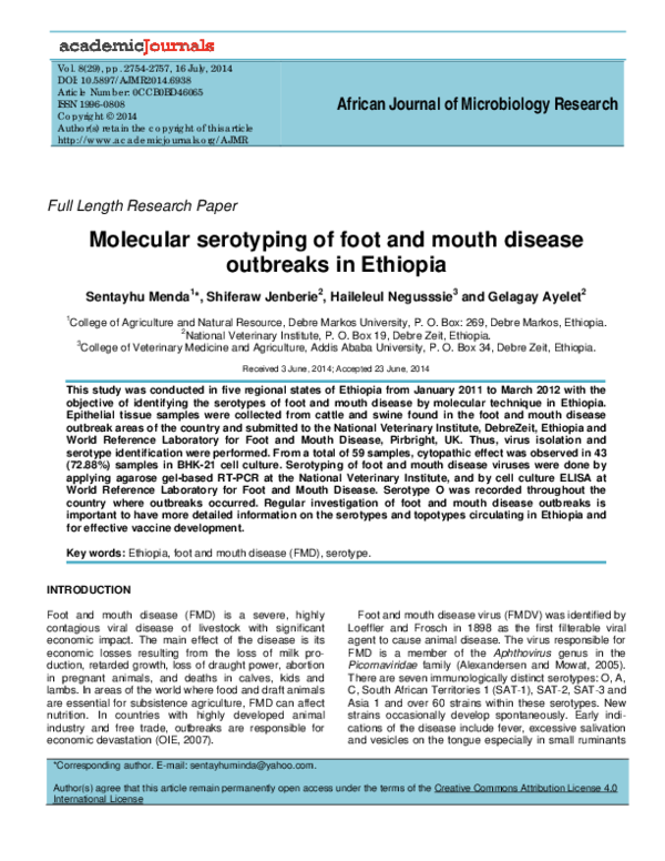 (PDF) Molecular serotyping of foot and mouth disease outbreaks in Ethiopia