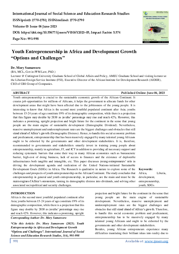 (PDF) Youth Entrepreneurship in Africa and Development Growth "Options ...