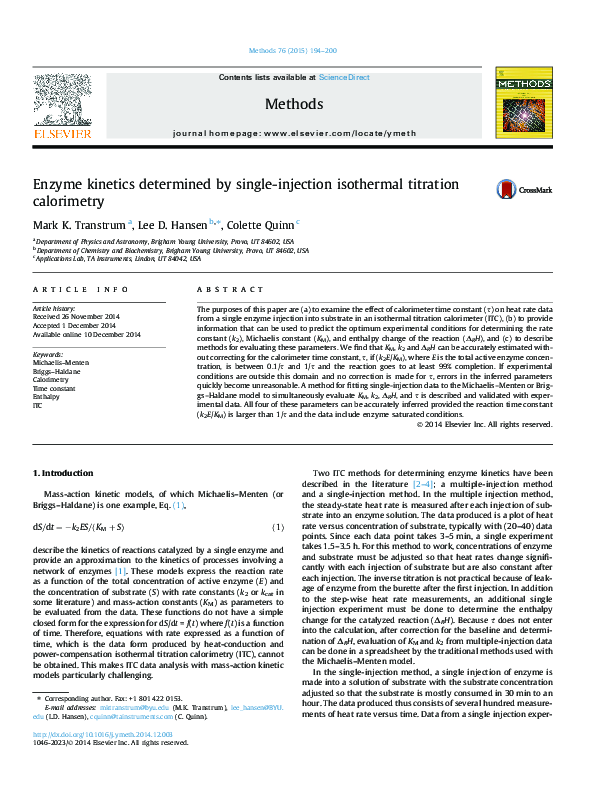 (PDF) Enzyme kinetics determined by single-injection isothermal ...