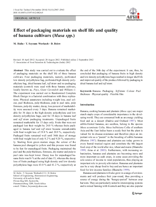 (PDF) Effect of packaging materials on shelf life and quality of banana ...