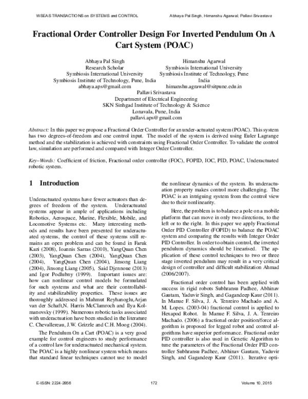 (PDF) Fractional Order Controller Design For Inverted Pendulum On A ...