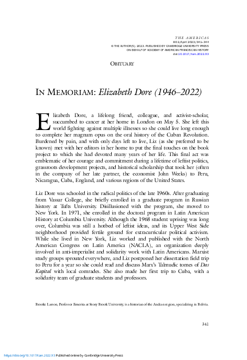 (PDF) In Memoriam: Elizabeth Dore (1946–2022)