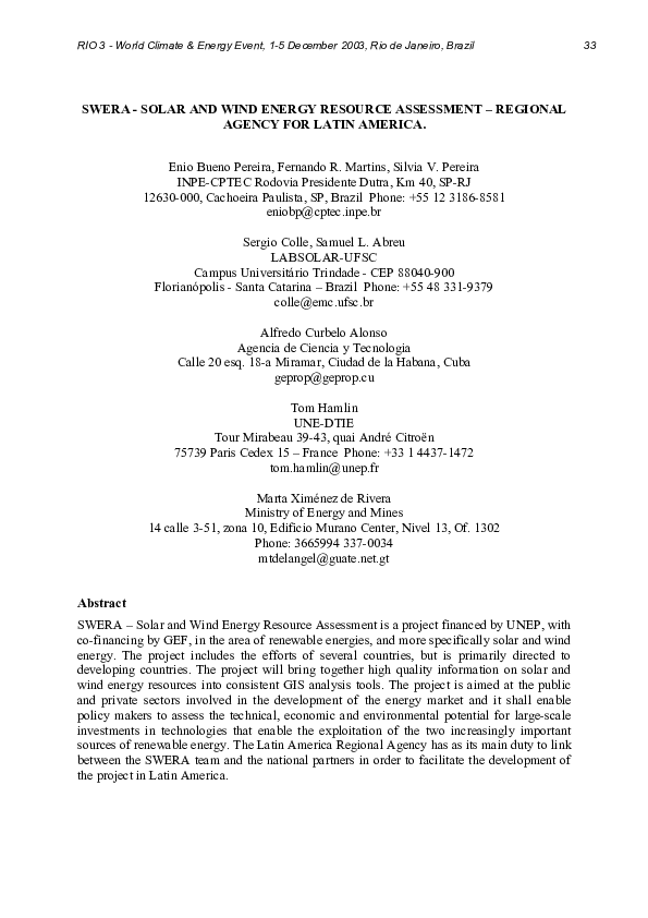 (PDF) SweraSolar and Wind Energy Resource Assessment regional Agency