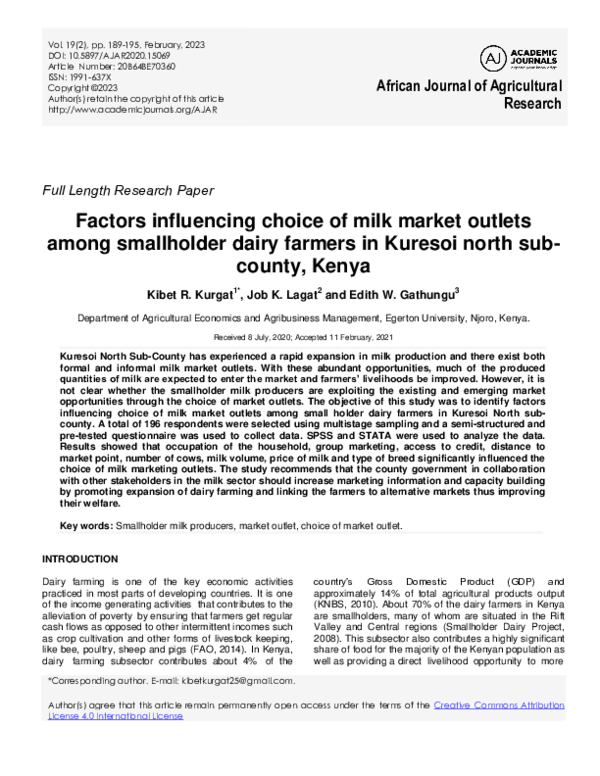 (PDF) Factors influencing choice of milk market outlets among ...