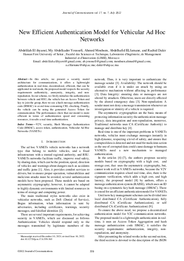 (PDF) New Efficient Authentication Model for Vehicular Ad Hoc Networks