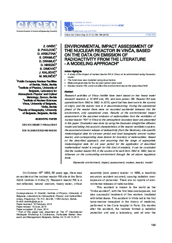 (PDF) Environmental impact assessment of the nuclear reactor at Vinca ...