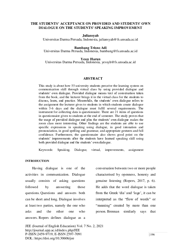 (PDF) The Students' Acceptance on Provided and Students' Own Dialogue ...