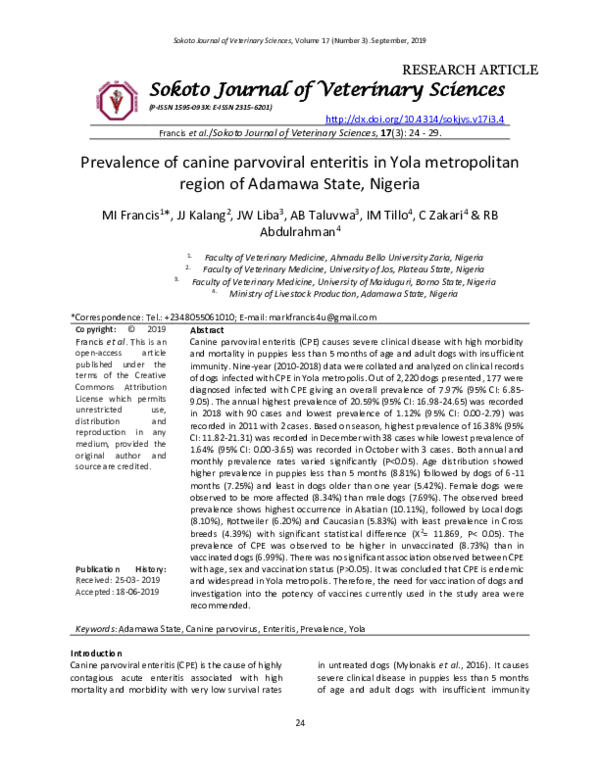 (PDF) Prevalence of canine parvoviral enteritis in Yola metropolitan ...
