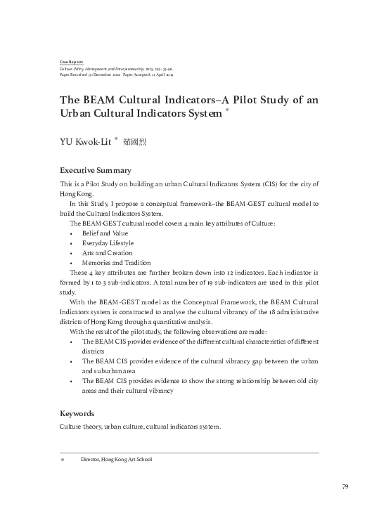 (PDF) The BEAM Cultural Indicators-A Pilot Study of an Urban Cultural ...