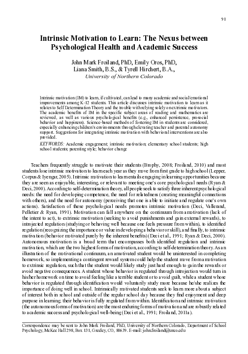 (PDF) Intrinsic motivation to learn: The nexus between psychological ...