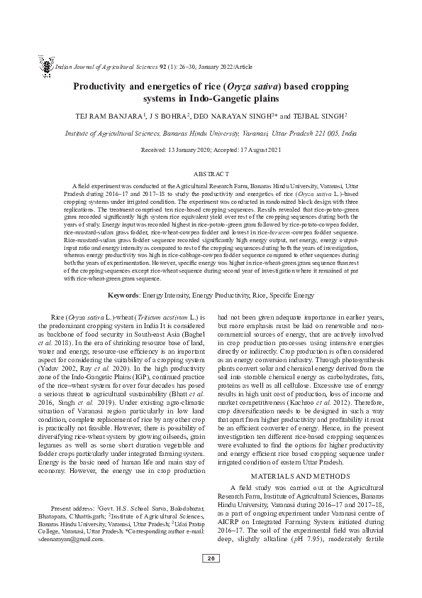 (PDF) Productivity and energetics of rice (Oryza sativa) based cropping ...