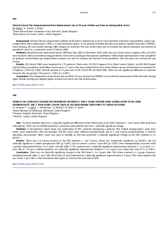 There is No Clinically Significant Difference Between 1 and 2 Years Oxford Knee Scores After Total Knee Arthroplasty: The 1 Year Score Can Be Used as the Benchmark Time Point to Assess Outcome
